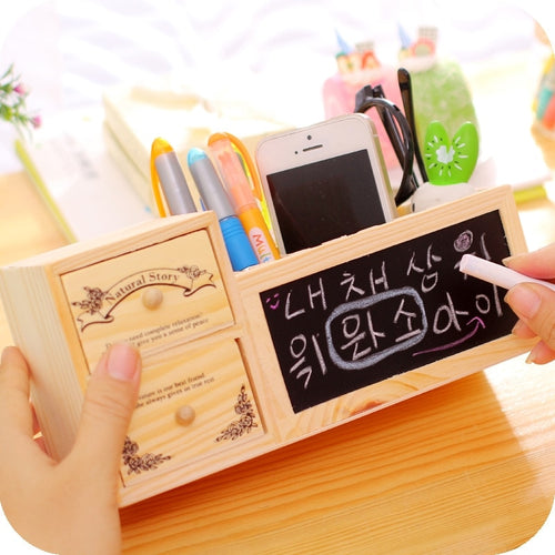 Creative Desk Wooden Pen Holder with Blackboard Cute Kawaii Desktop Pencil Holders Box Organizer Pens Pot School Office Gifts